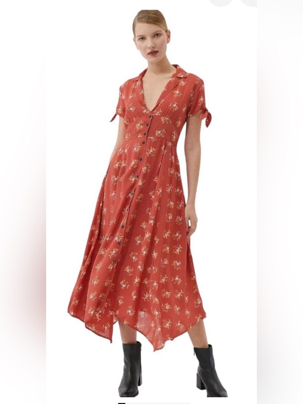 Urban Outfitters Rust Floral High-Low Button Dress